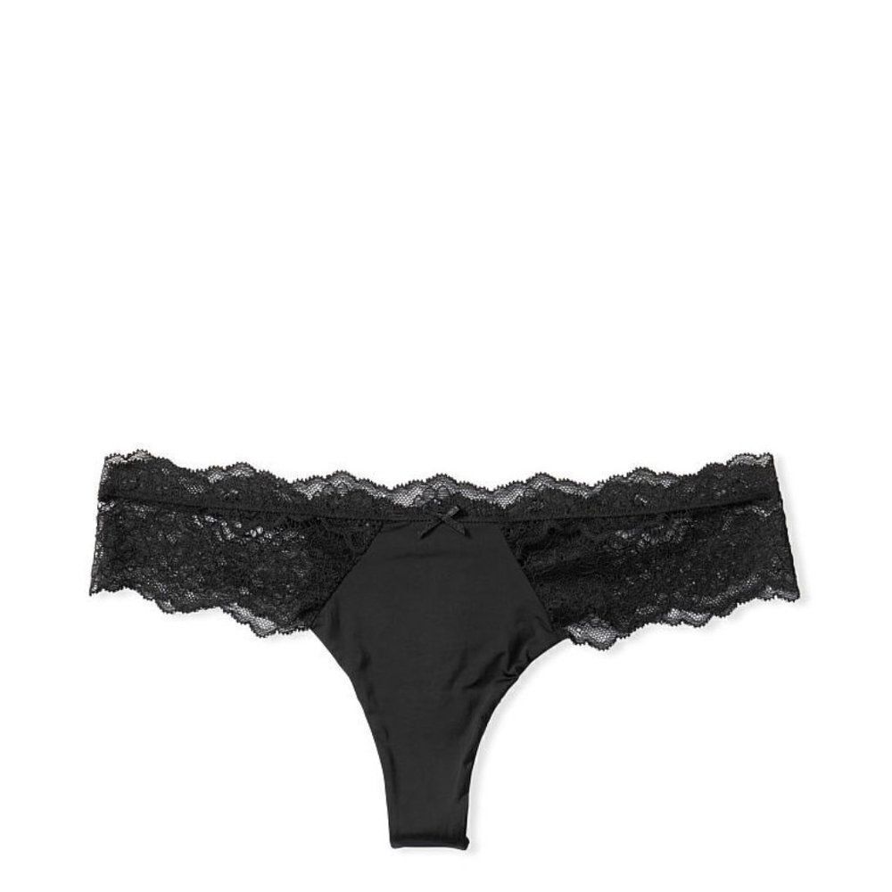 Victoria's Secret Women's Black Satin & Lace Thong Panty Size XL